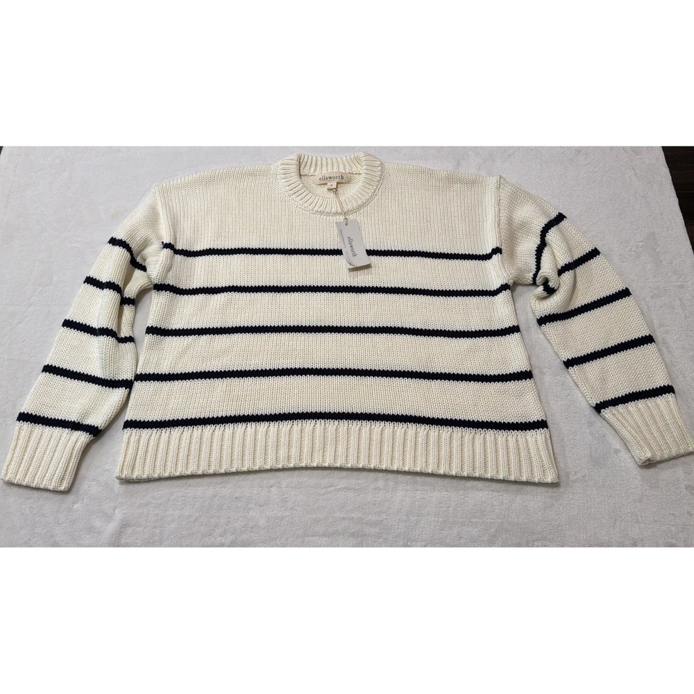 Ellsworth & Ivey Sweater Women's Medium Elena Crewneck Sweater Ivory/Navy 0009 - Picture 1 of 10